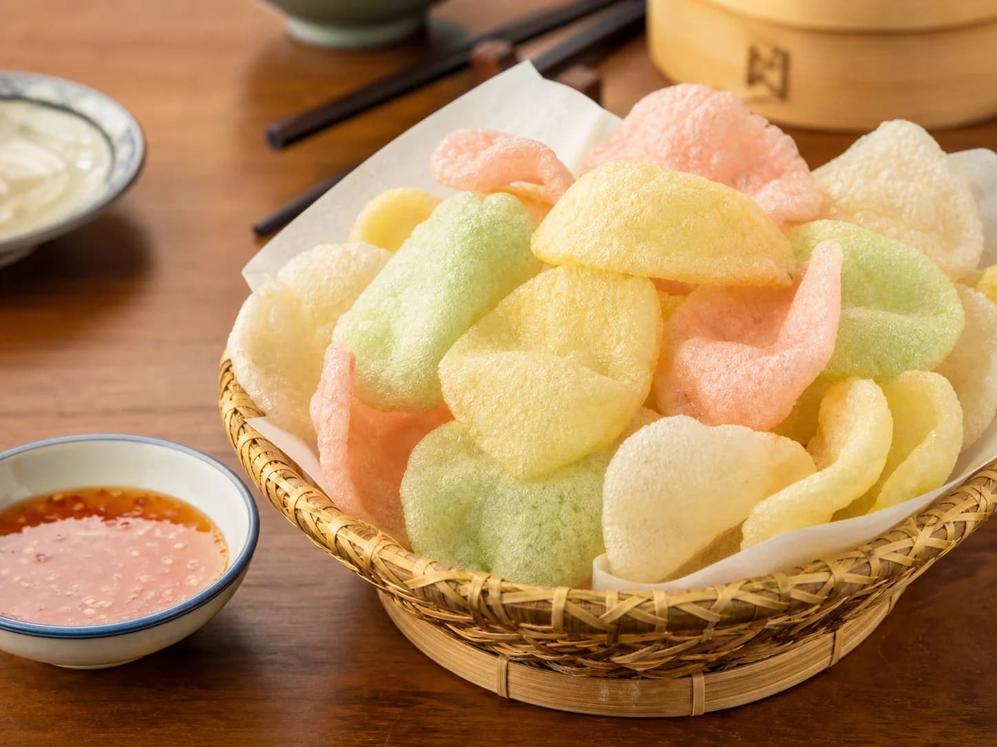 Expanded colored prawn crackers after controlled deep-frying test
