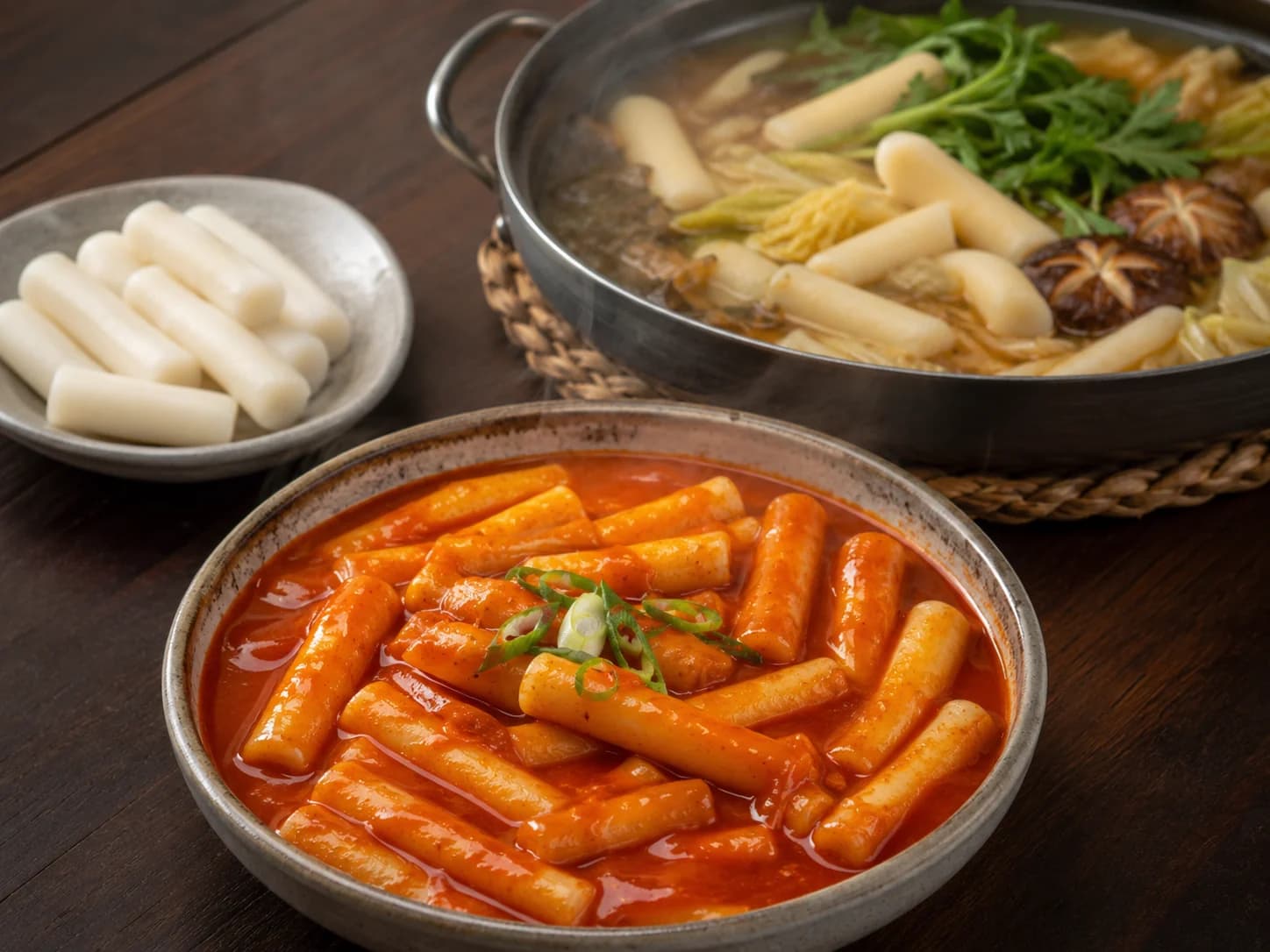 Korean rice cake sticks cooking test in spicy tteokbokki sauce