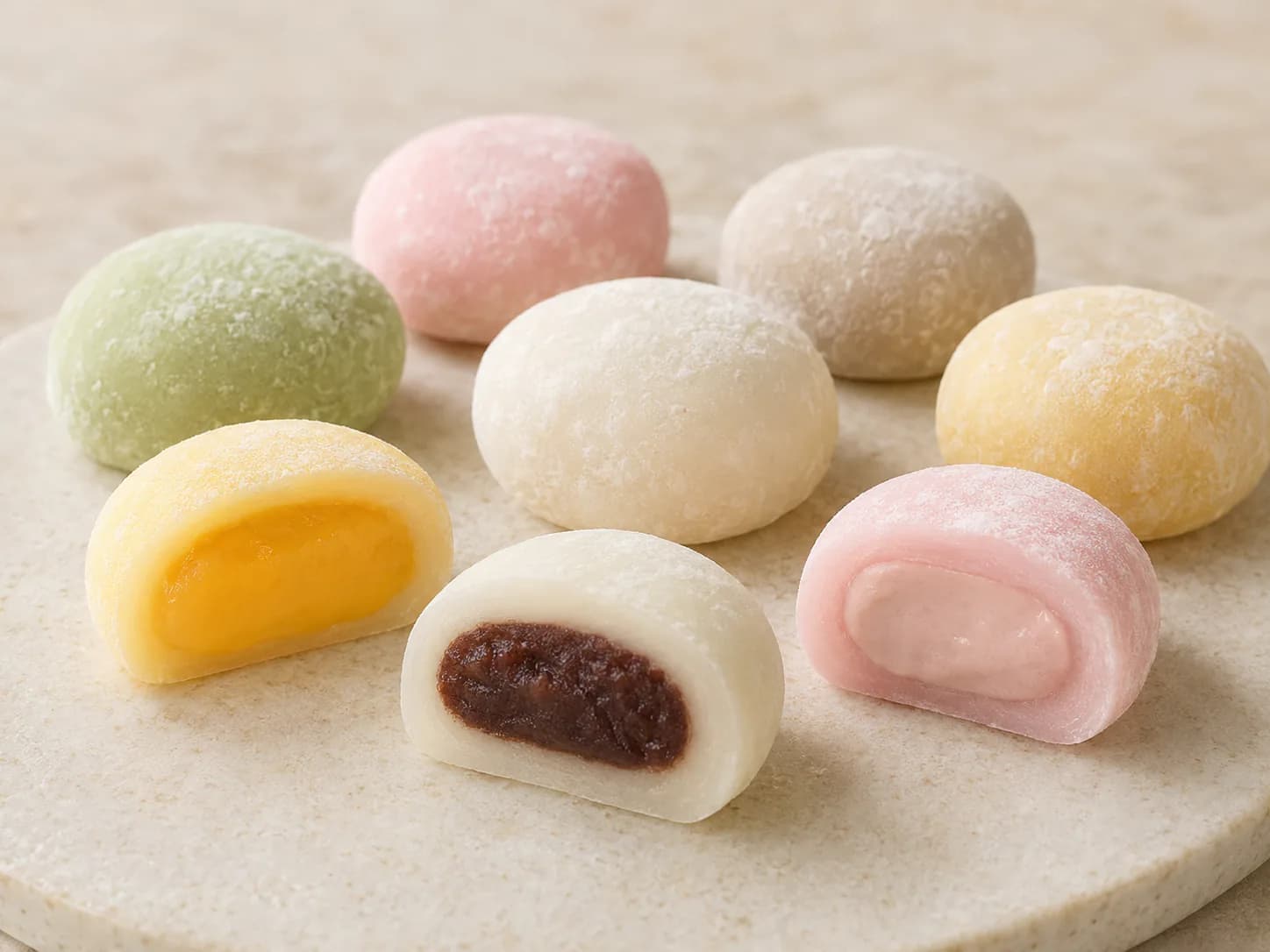 Soft filled ice-skin mochi pieces for product and storage comparison