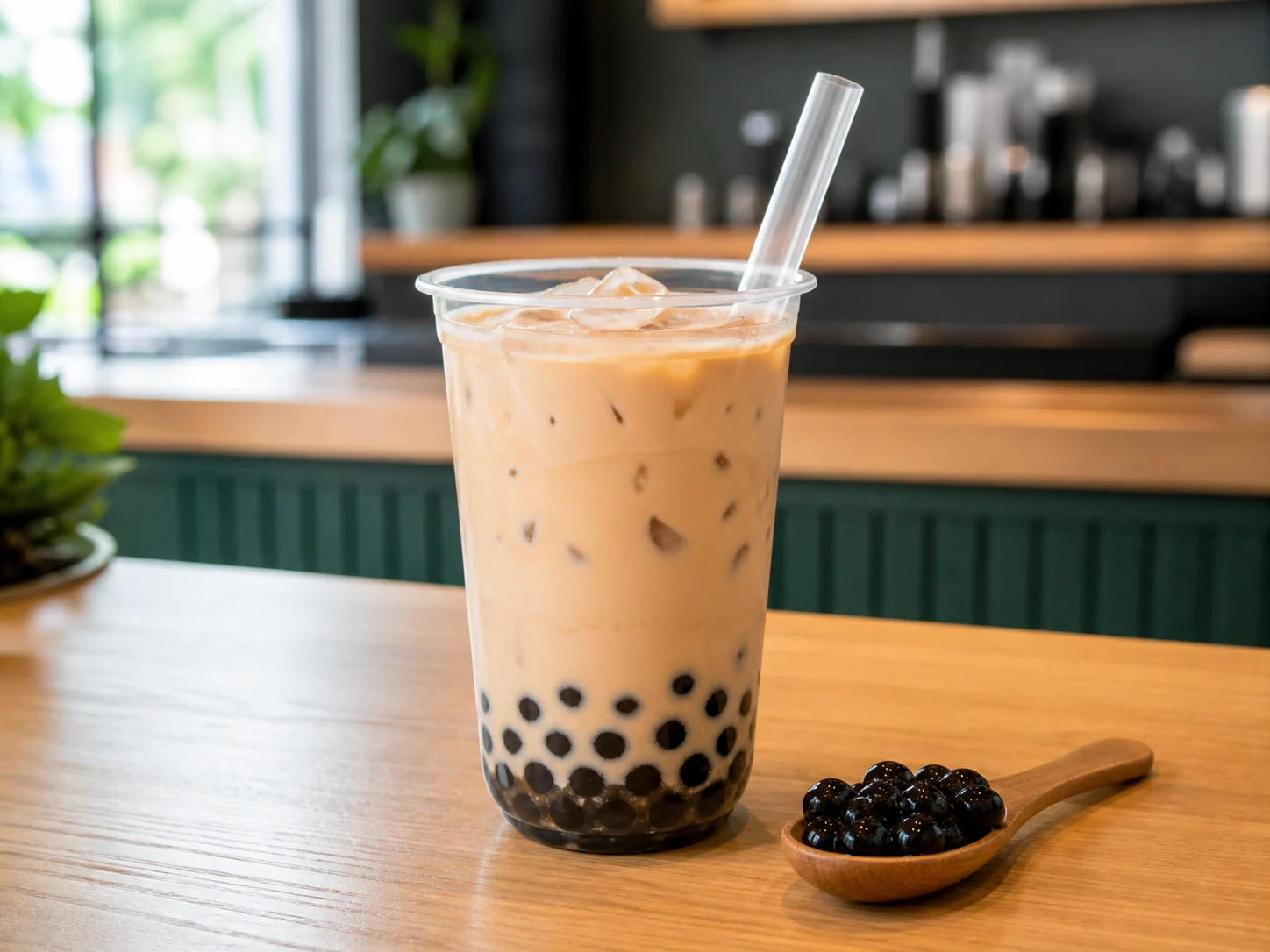 Cooked tapioca boba pearls in bubble tea for texture and holding test