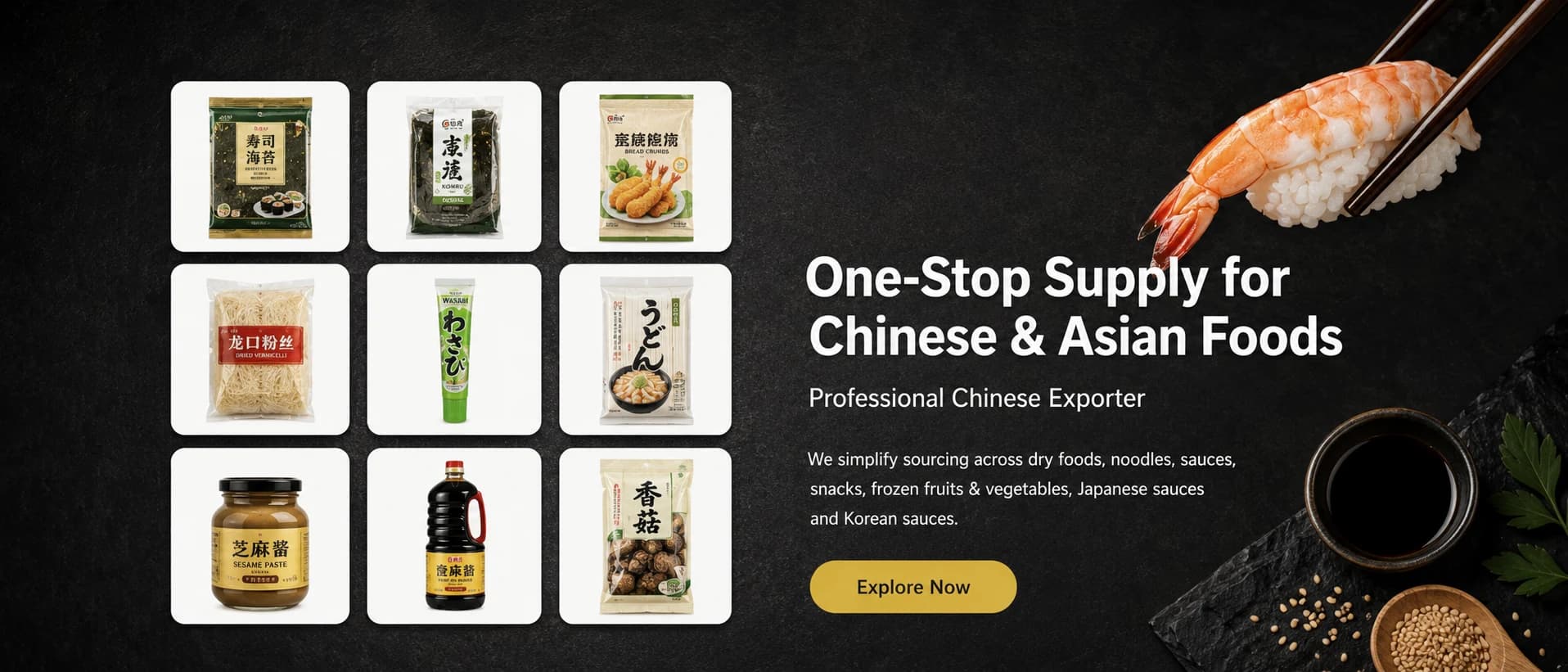 Longki Foods hero banner showing a one-stop supply message for Chinese and Asian foods with packaged products and sushi styling.