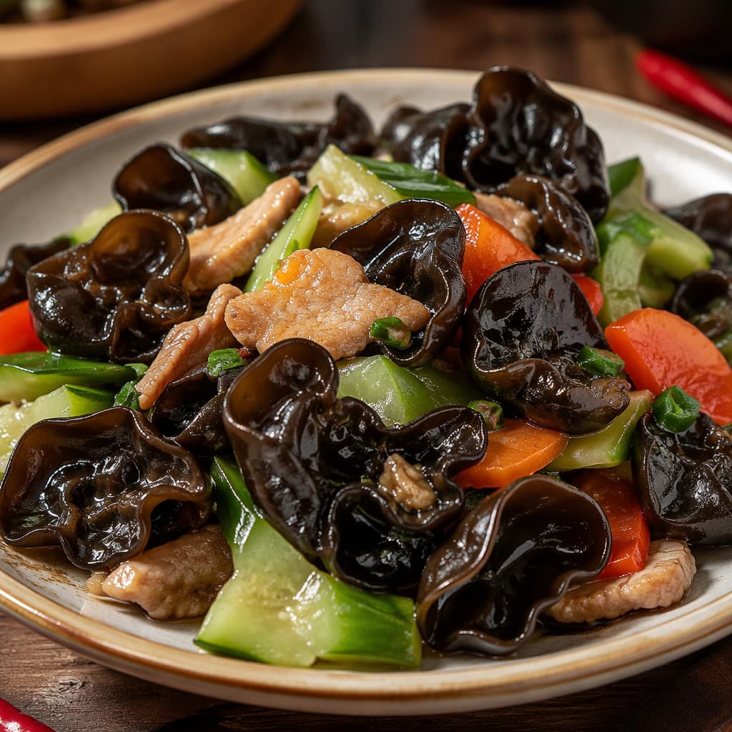 Rehydrated black fungus in Chinese stir-fry dish