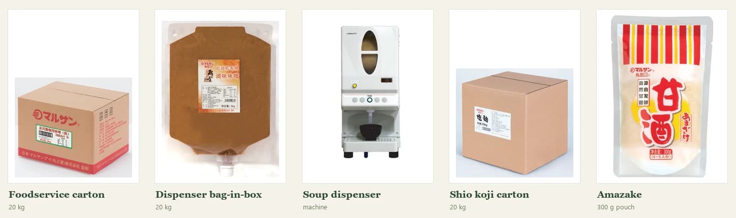 20 kg foodservice carton, 20 kg dispenser bag-in-box, soup dispenser, 20 kg shio koji carton and 300 g amazake pouch