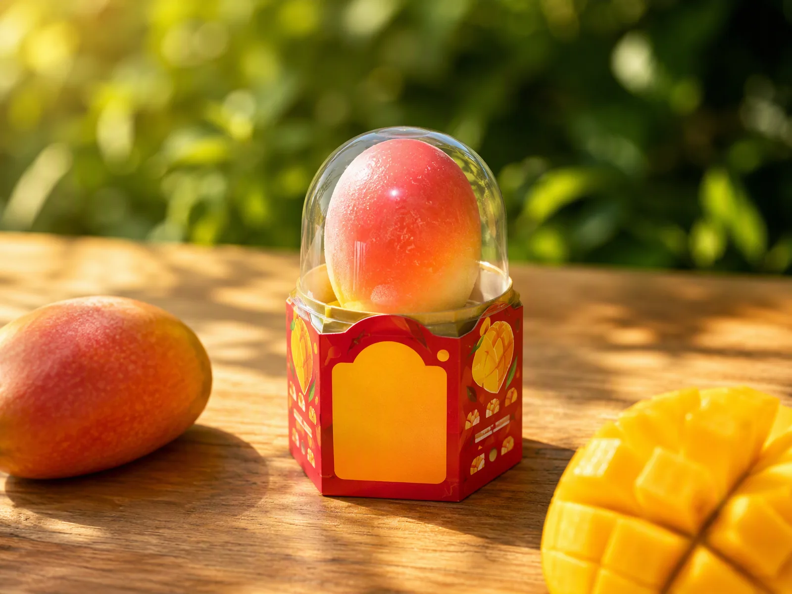 Mango shaped ice cream in its printed carton with a clear dome lid