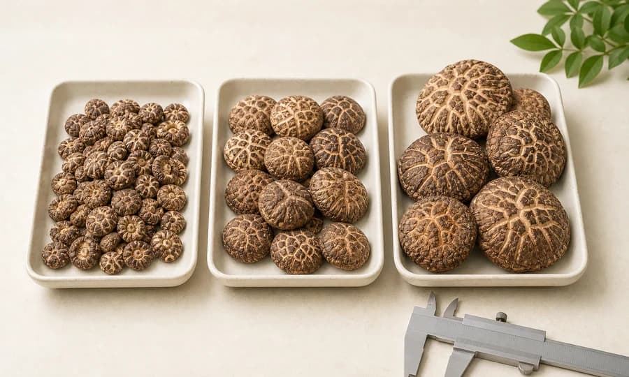 Dried shiitake mushrooms sorted into small, medium and large cap size grades