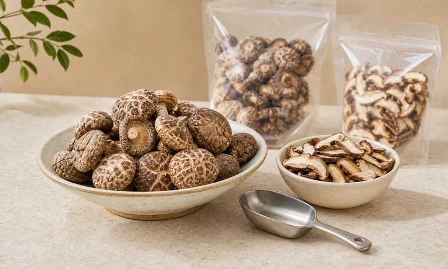 Dried shiitake mushroom sourcing samples in whole and sliced forms with unbranded bulk packaging