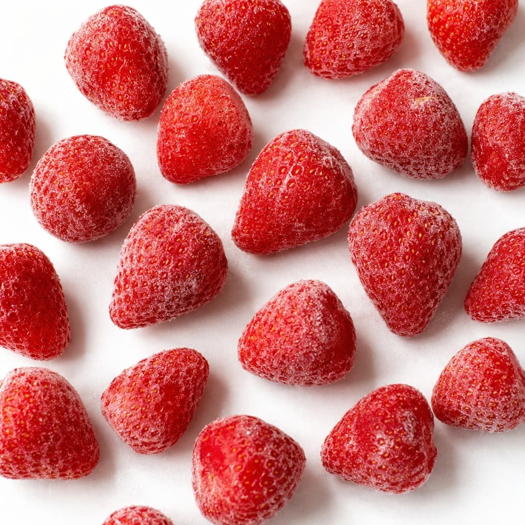 IQF frozen strawberries whole red berries closeup