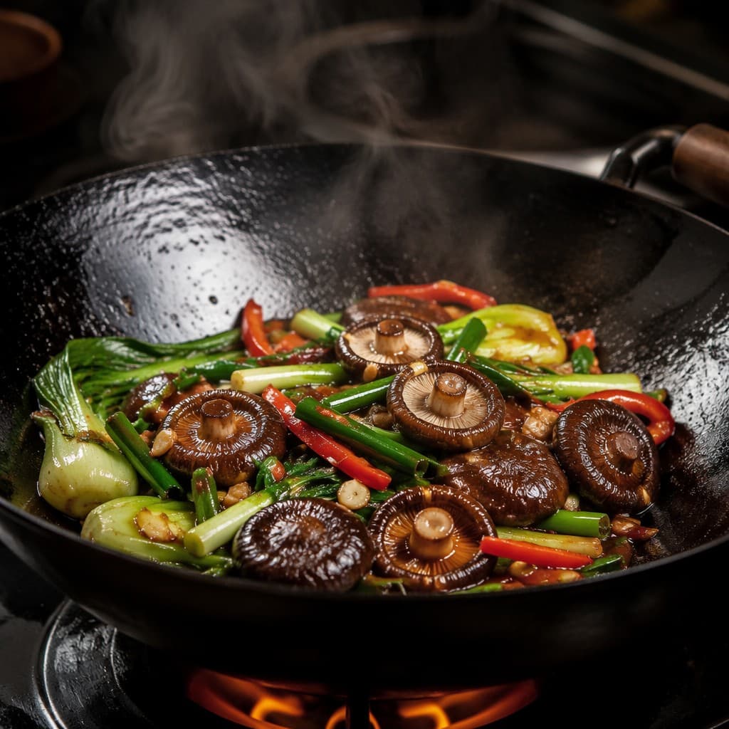 Rehydrated shiitake mushrooms in stir-fry dish