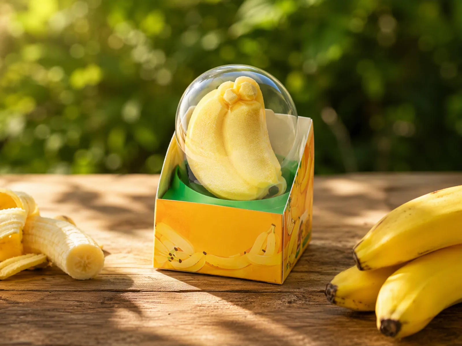 Banana shaped ice cream in its printed carton with a clear dome lid