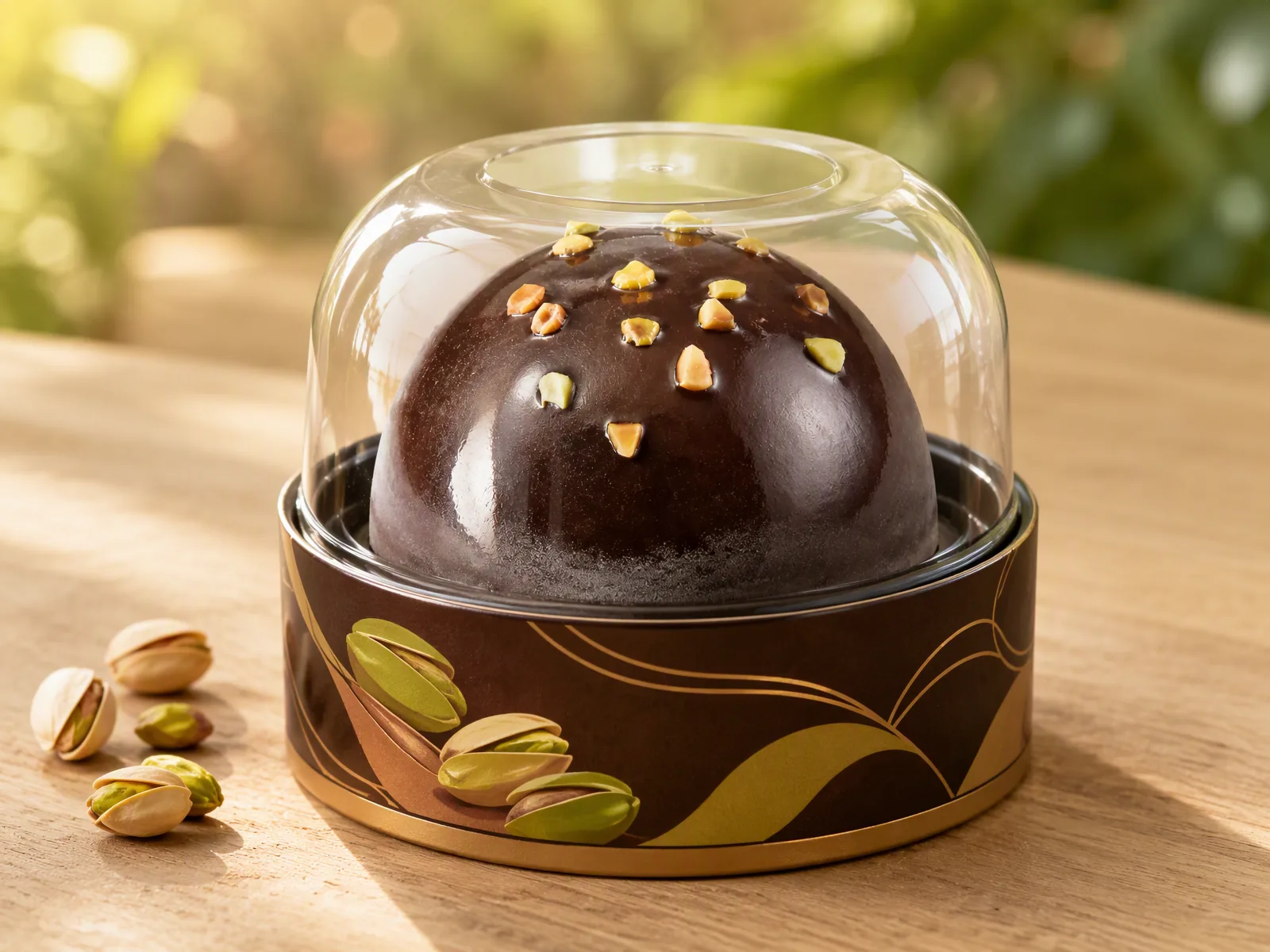 Black pistachio ice cream dome in its printed carton with a clear dome lid