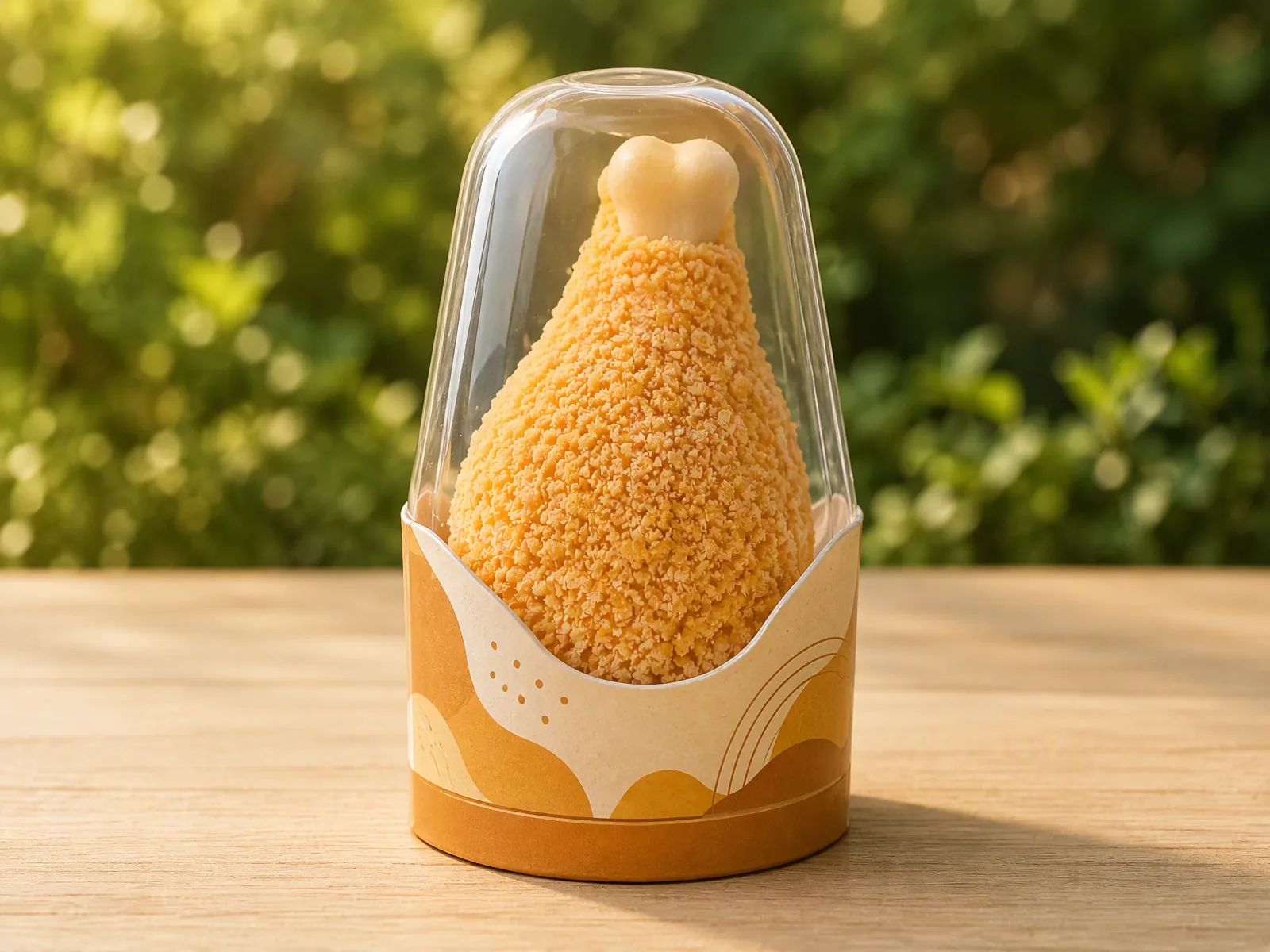Chicken leg shaped ice cream in its printed carton with a clear dome lid
