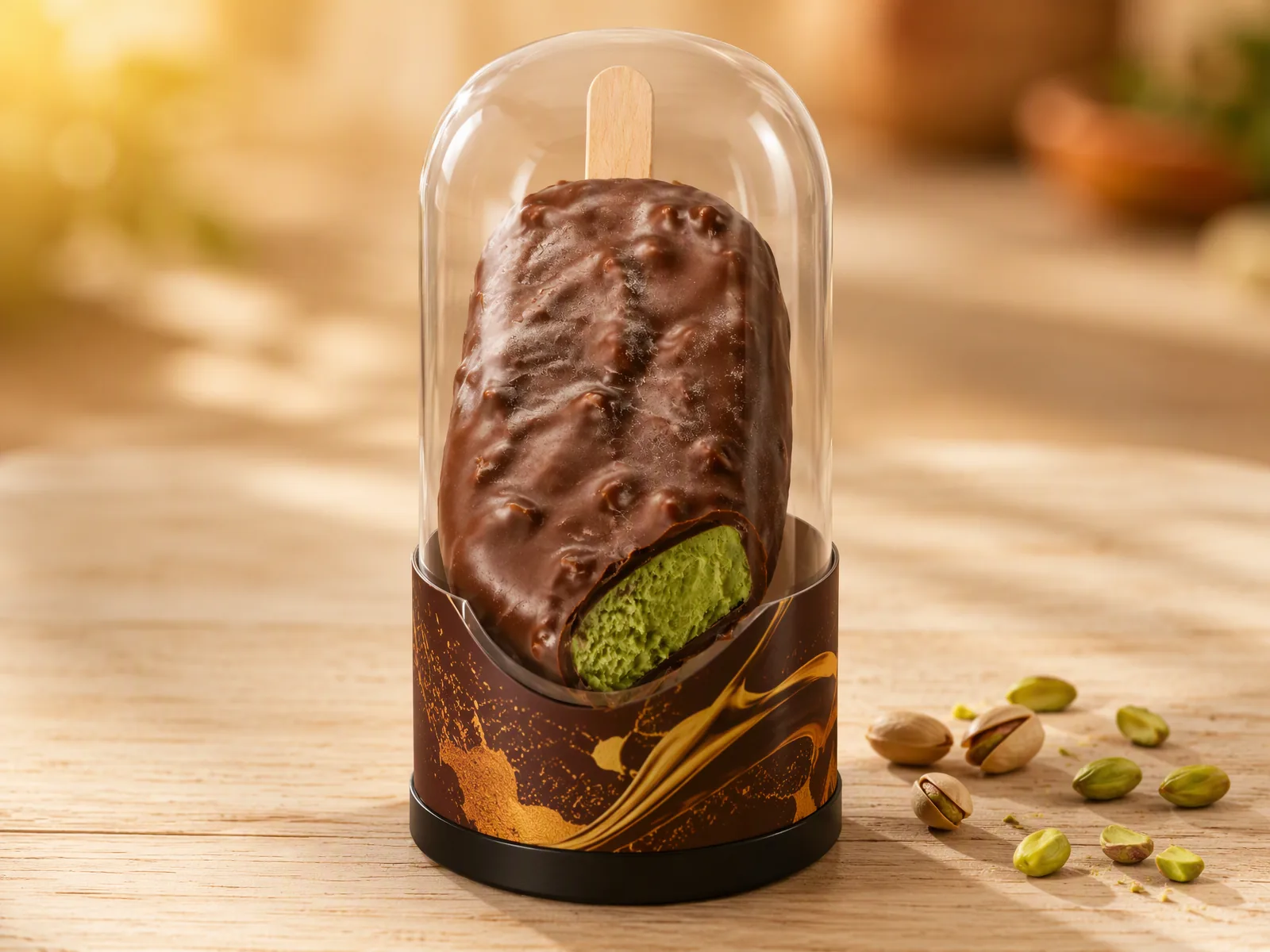 Dubai chocolate ice cream bar with pistachio filling in its printed carton