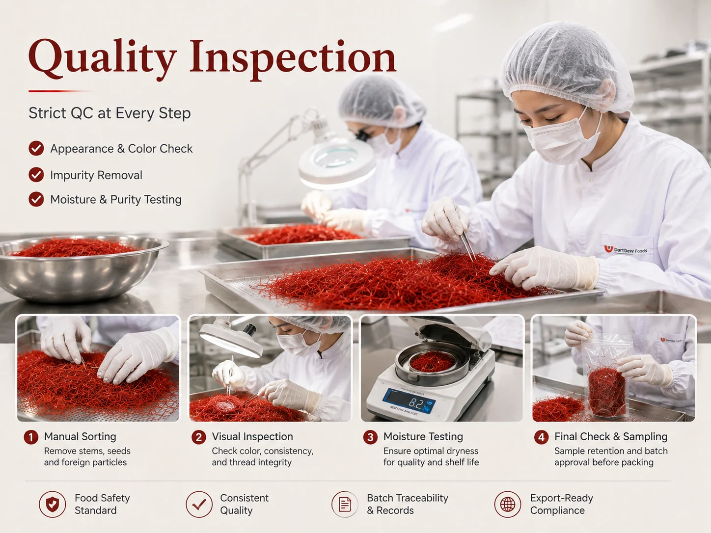 Workers inspecting super fine chili threads during quality control