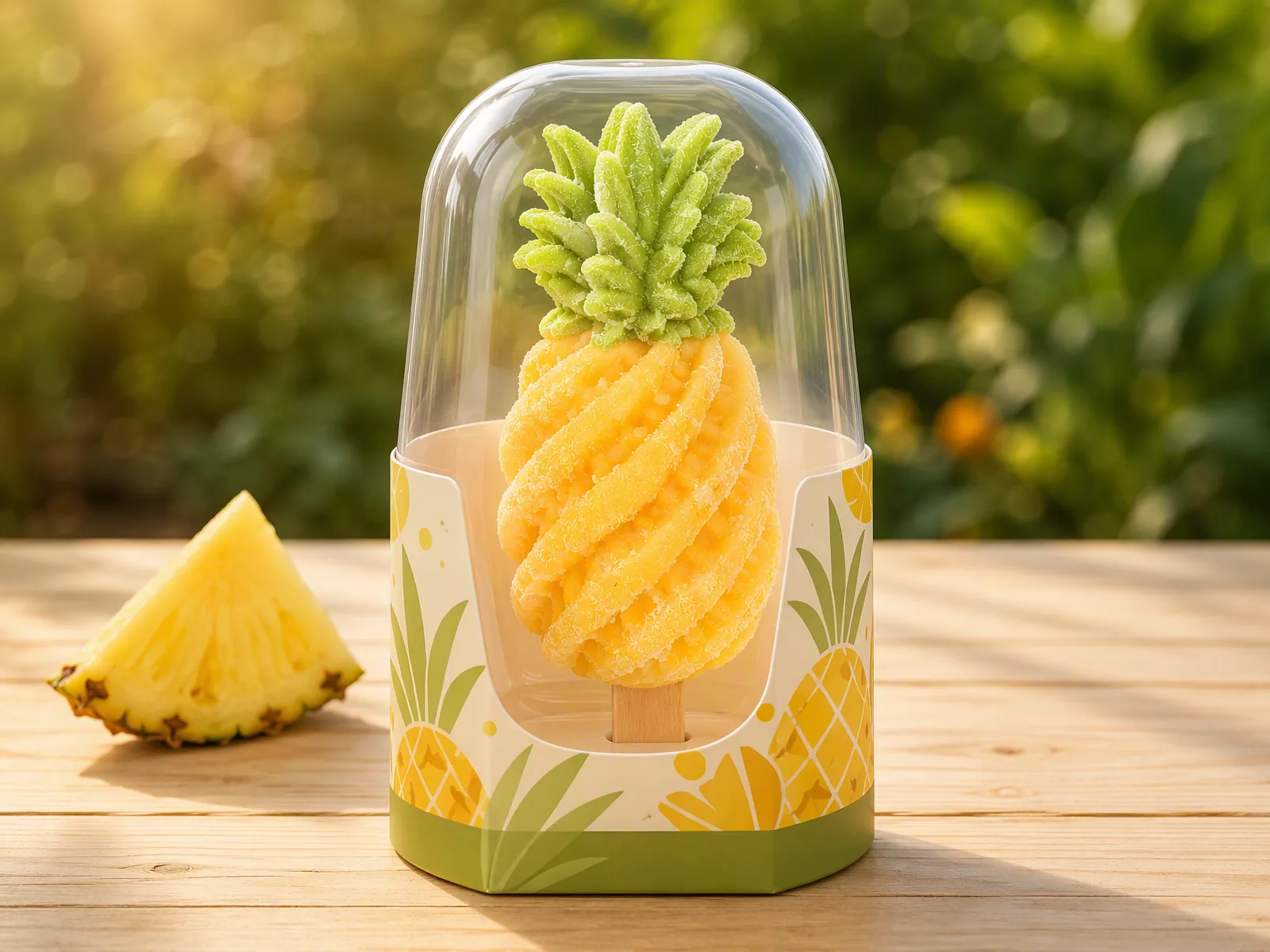 Golden pineapple ice cream bar in its printed carton with a clear dome lid