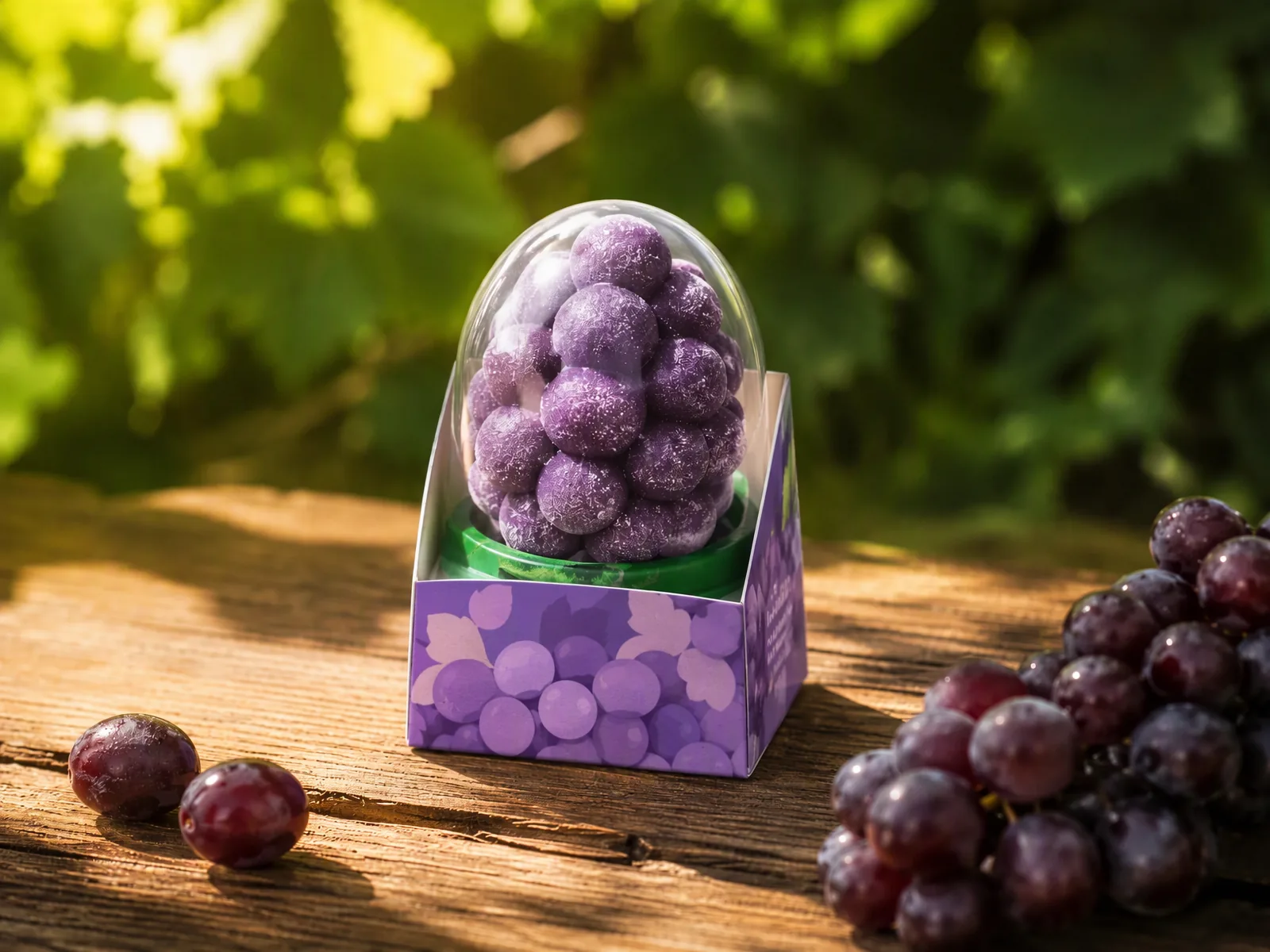 Grape cluster shaped ice cream in its printed carton with a clear dome lid