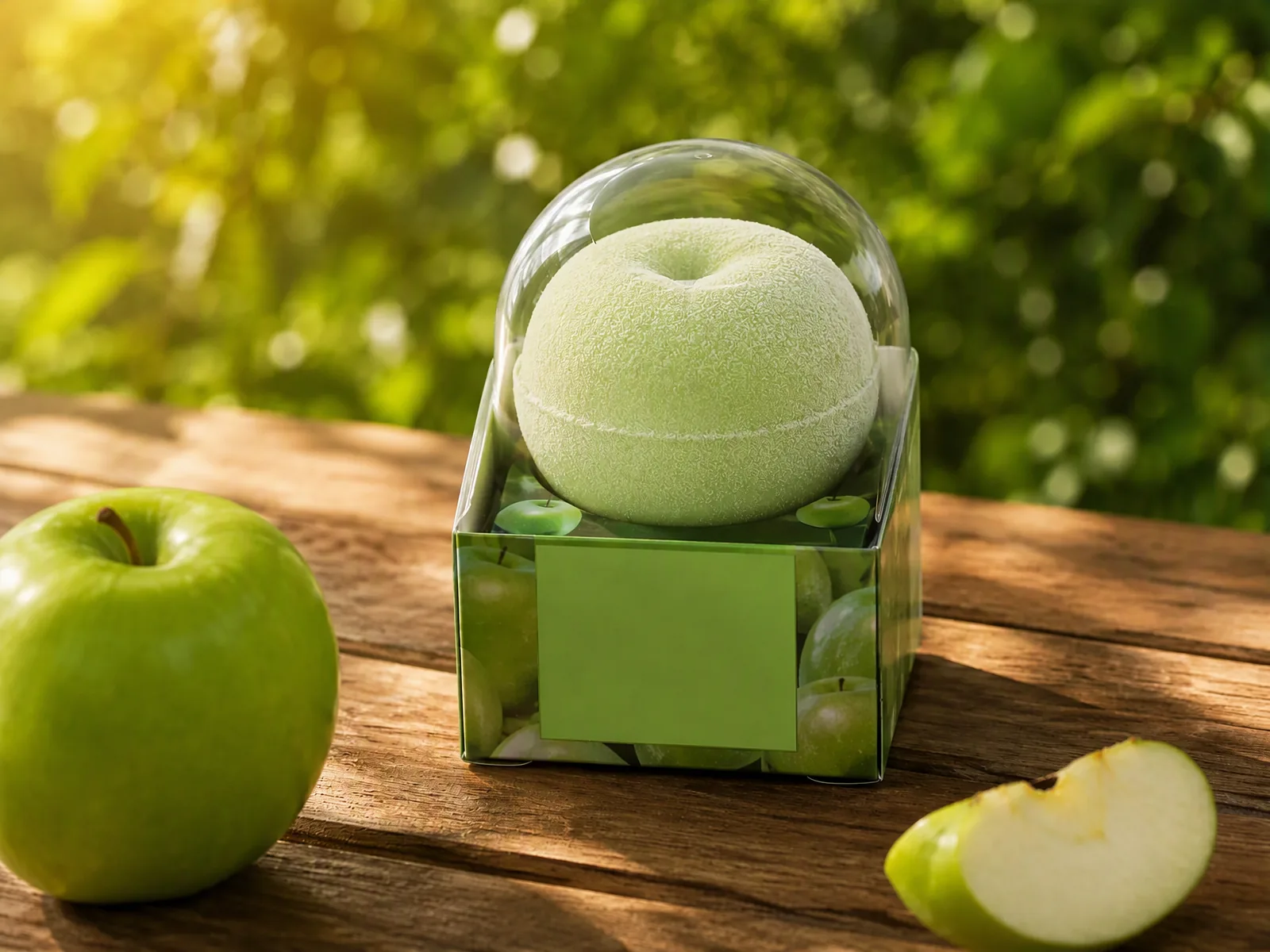 Green apple shaped ice cream in its printed carton with a clear dome lid