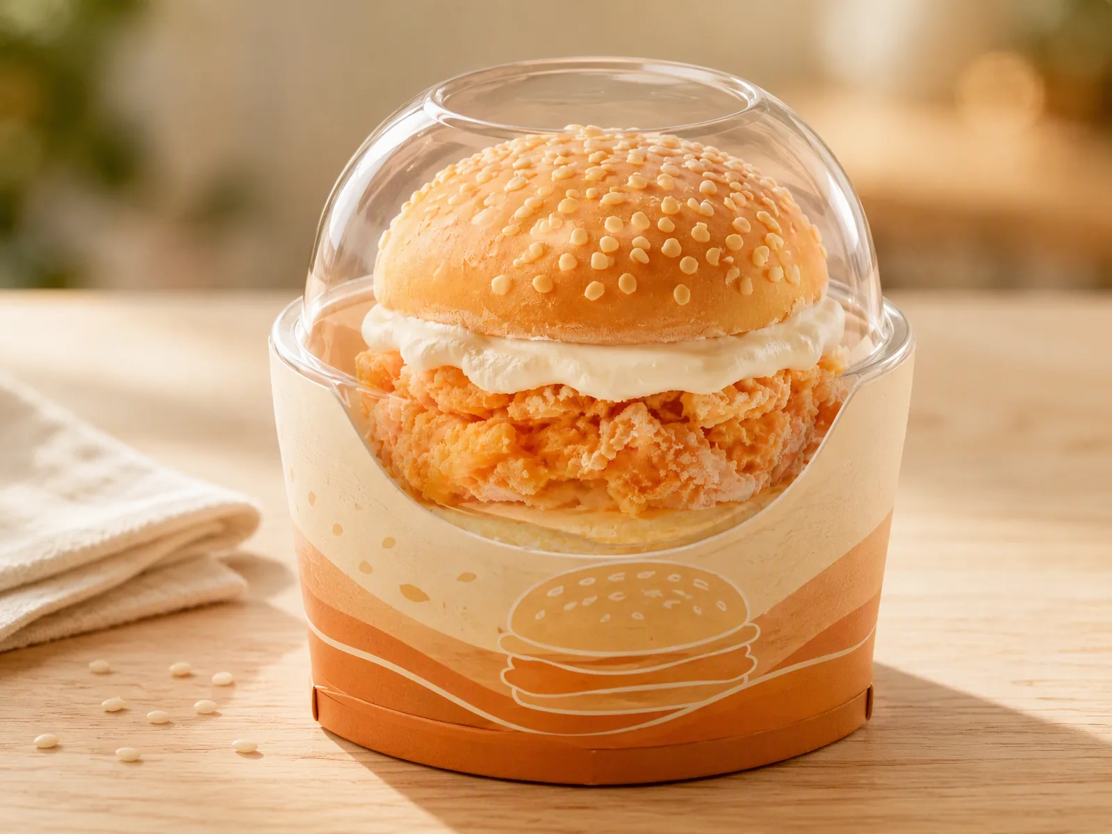 Hamburger shaped ice cream in its printed carton with a clear dome lid