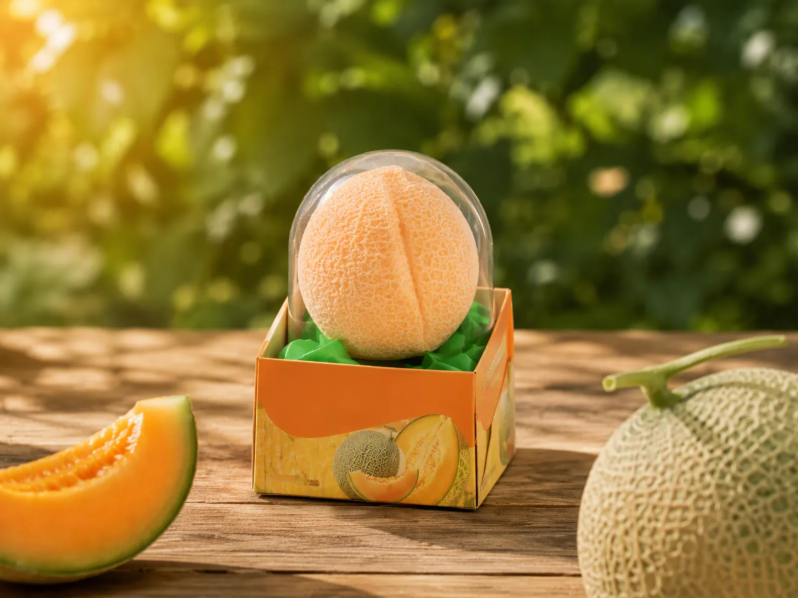 Hami melon shaped ice cream in its printed carton with a clear dome lid