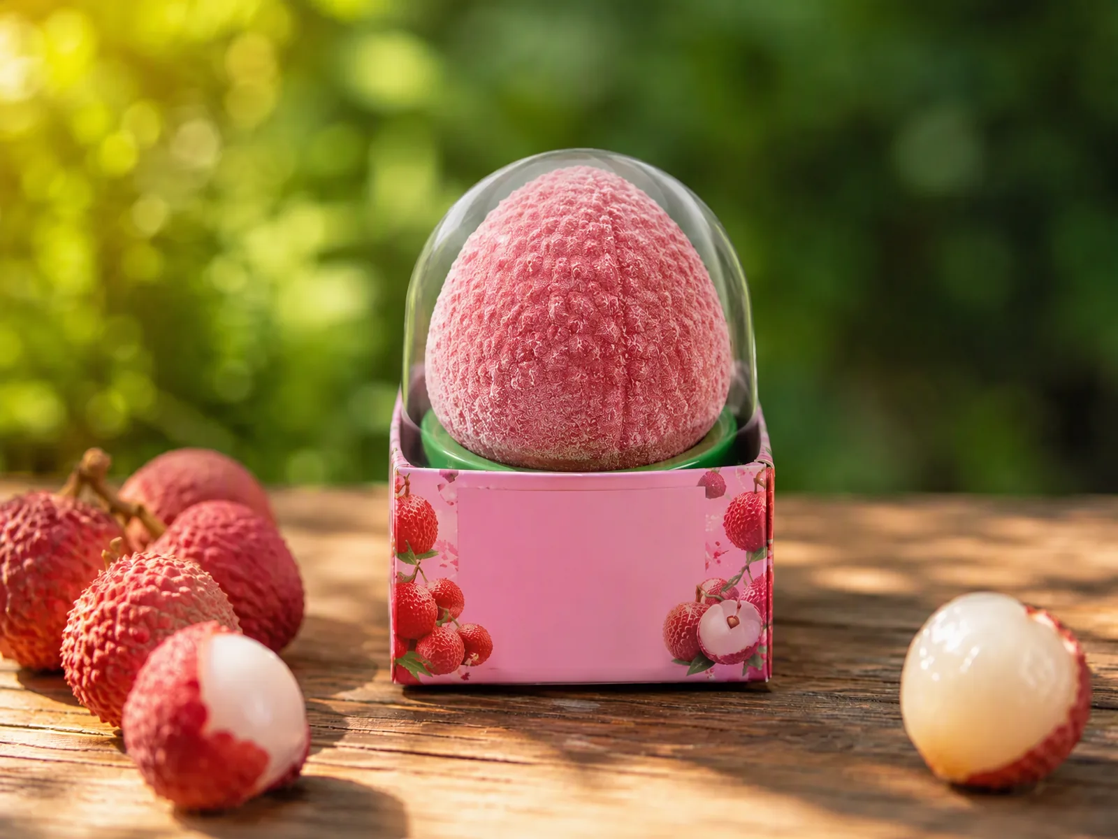 Lychee shaped ice cream in its printed carton with a clear dome lid