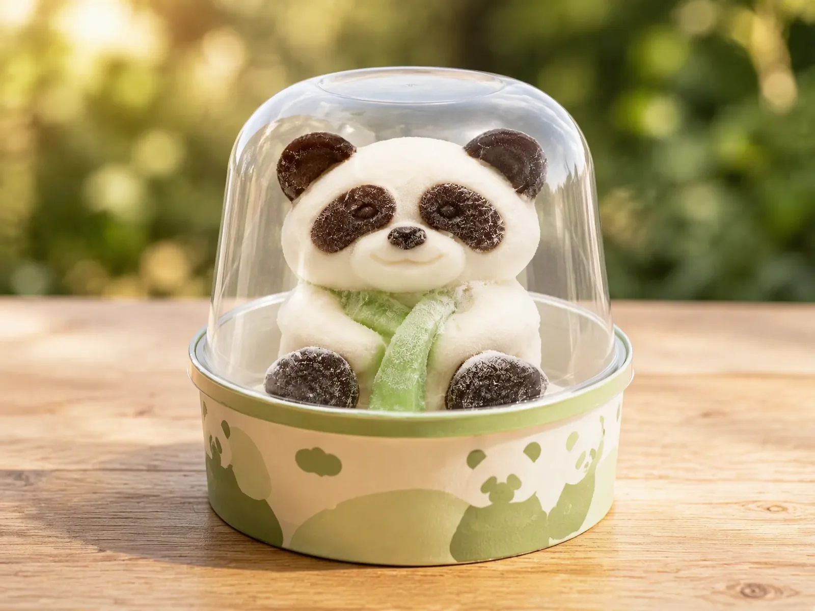 Panda character ice cream in its printed carton with a clear dome lid