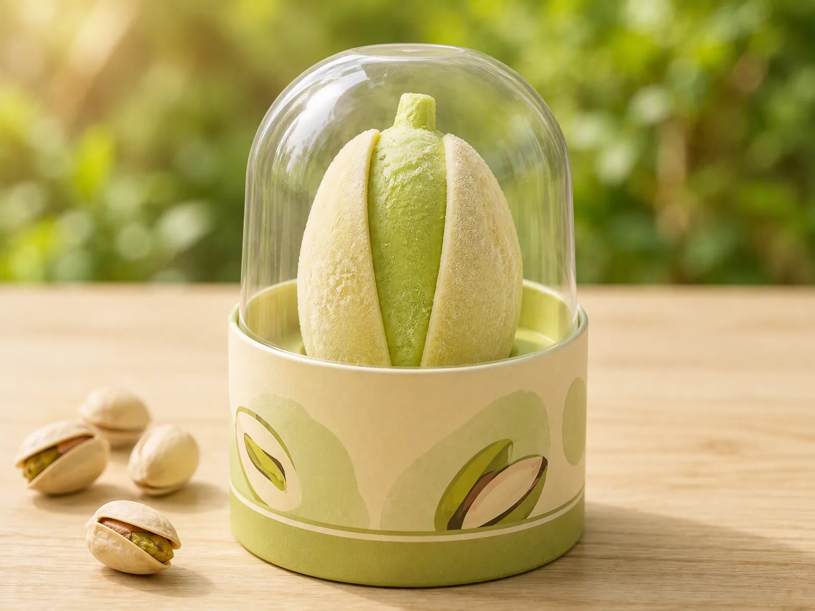 Pistachio shaped ice cream in its printed carton with a clear dome lid