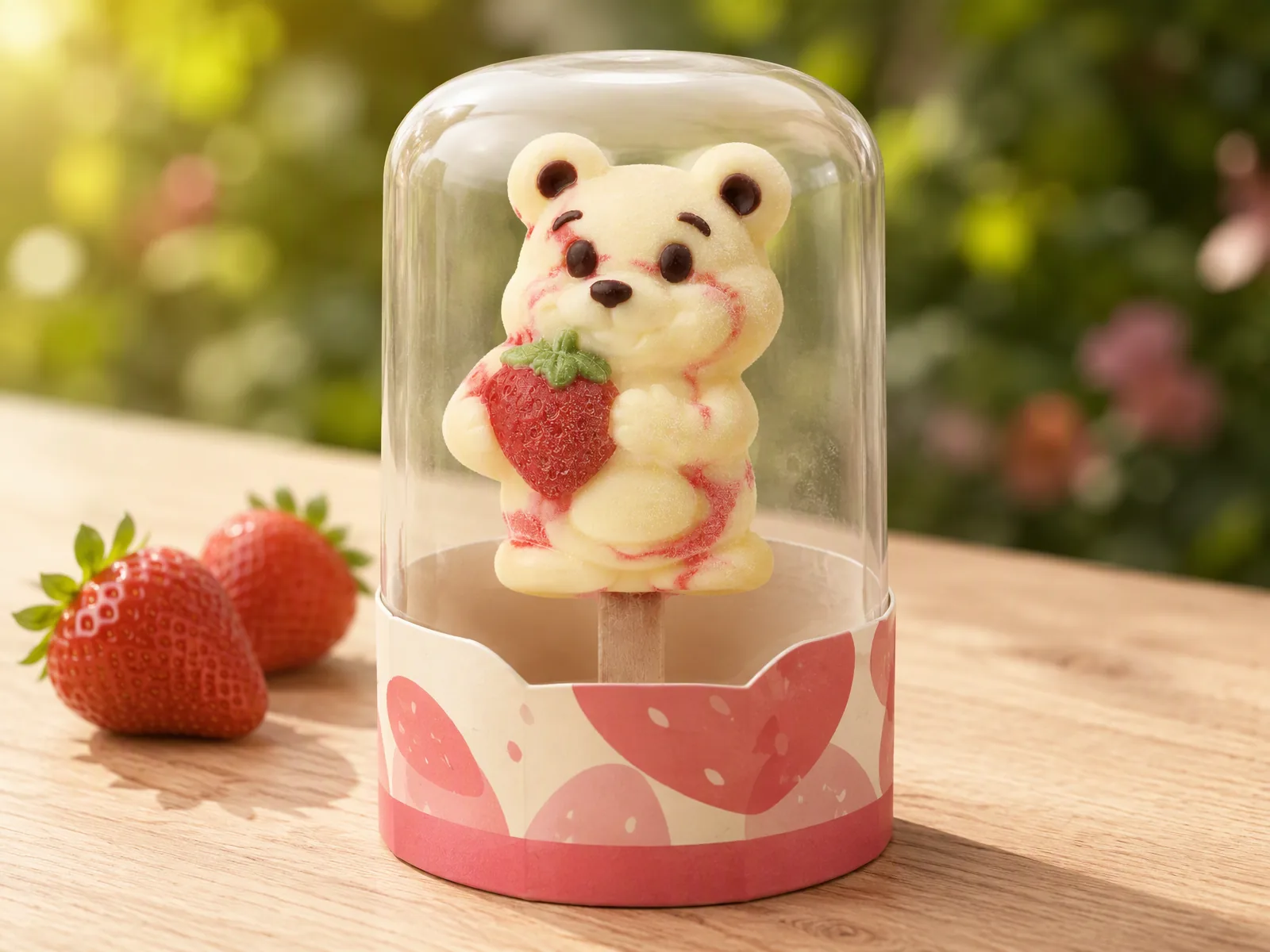 Strawberry bear character ice cream bar in its printed carton