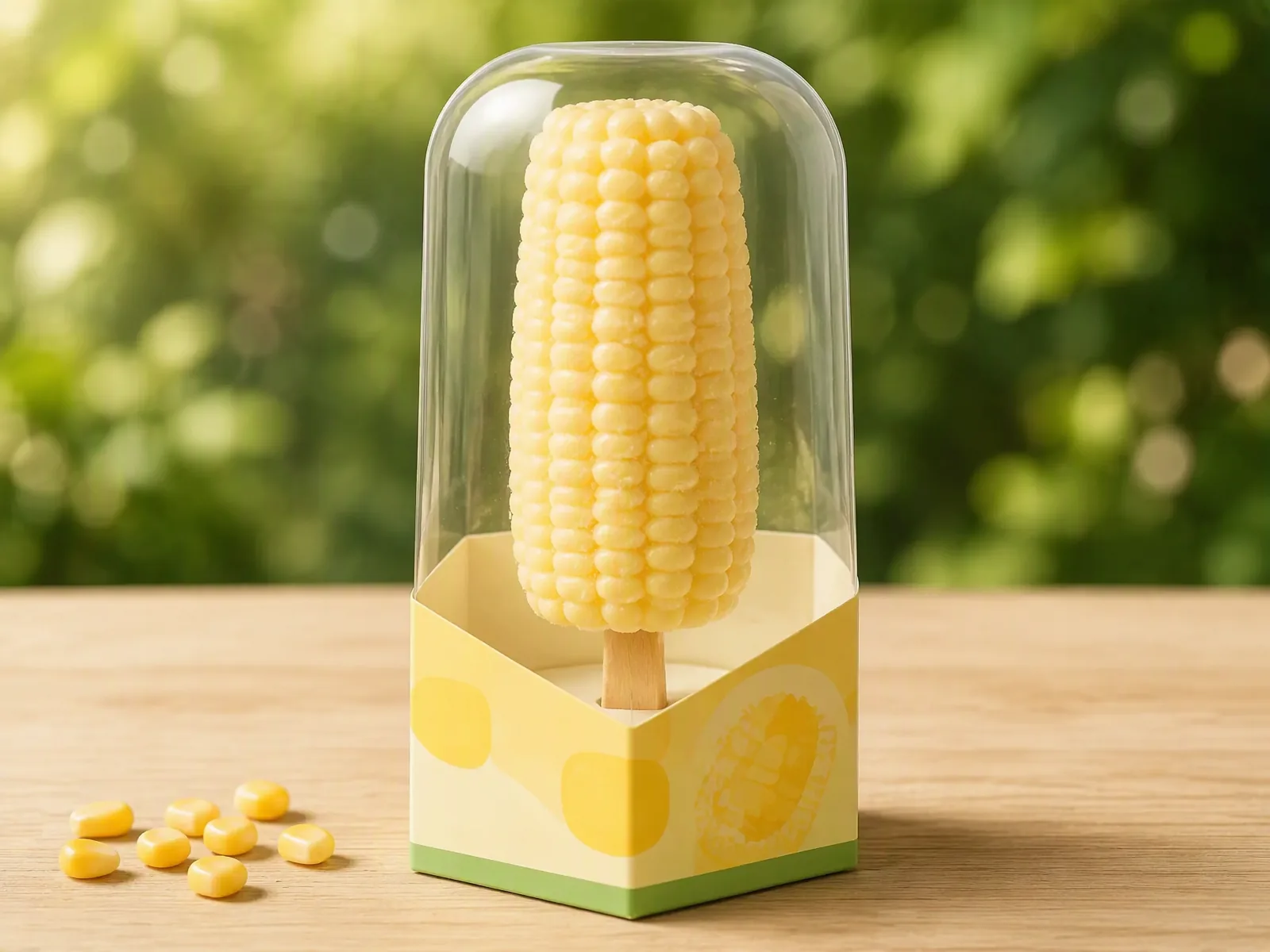 Sweet corn shaped ice cream bar in its printed carton